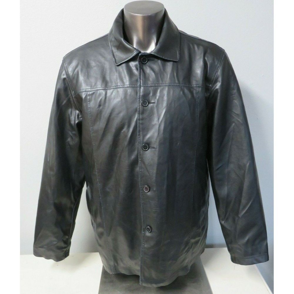 Mens Arizona Jeans Black Faux Leather‎ Coat Button Front PVC Size L Lined Winter